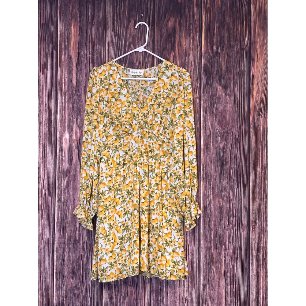 Signify Lemon Print Mini Dress Womens M Cottagecore V Neck Smocked Summer